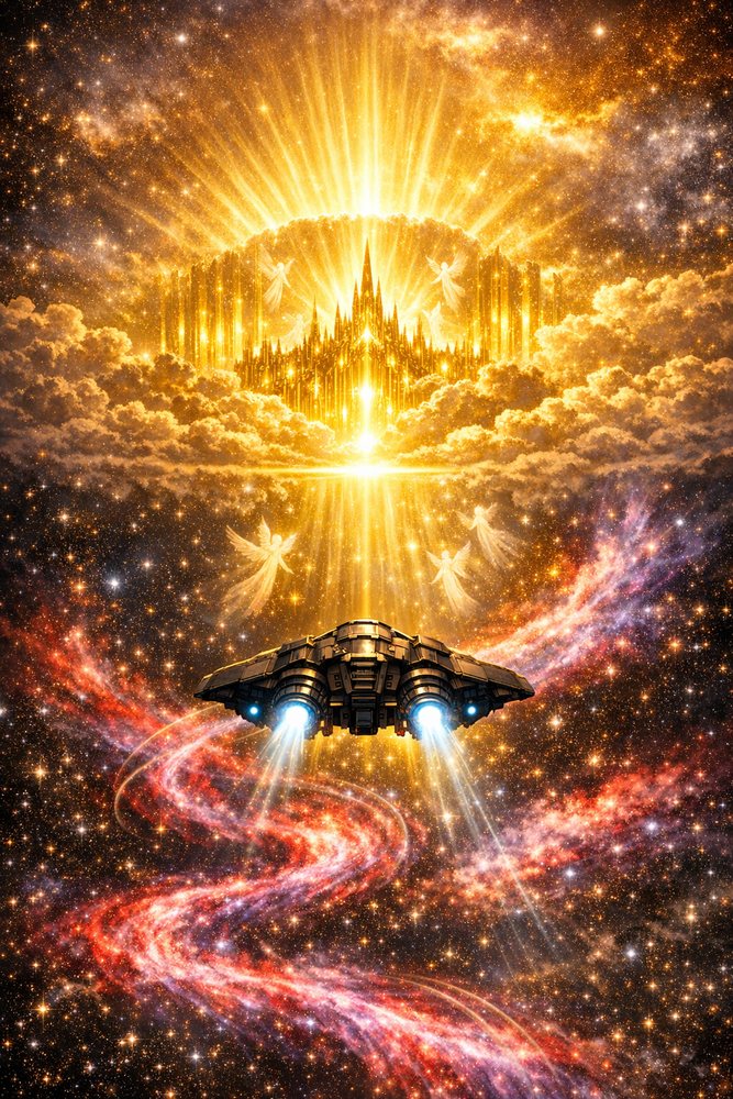A ship rises toward a golden city in the clouds, angels of light on either side